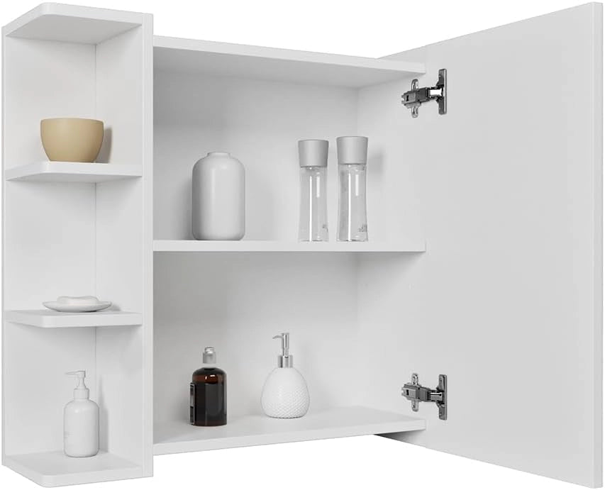 Specchio contenitore bagno Fynn, Bianco, 62 x 64 cm, per montaggio a parete con ripiani aperti