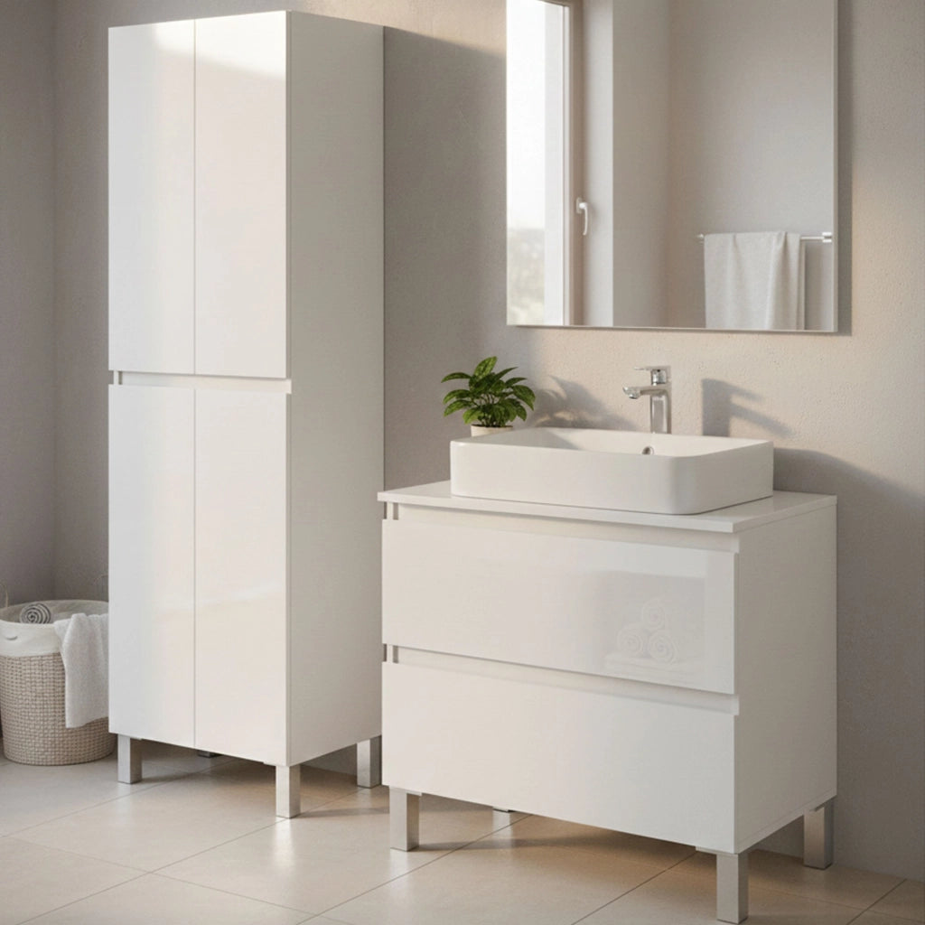 Capurso, set Mobili Bagno 2 Cassetti, Bianco Lucido