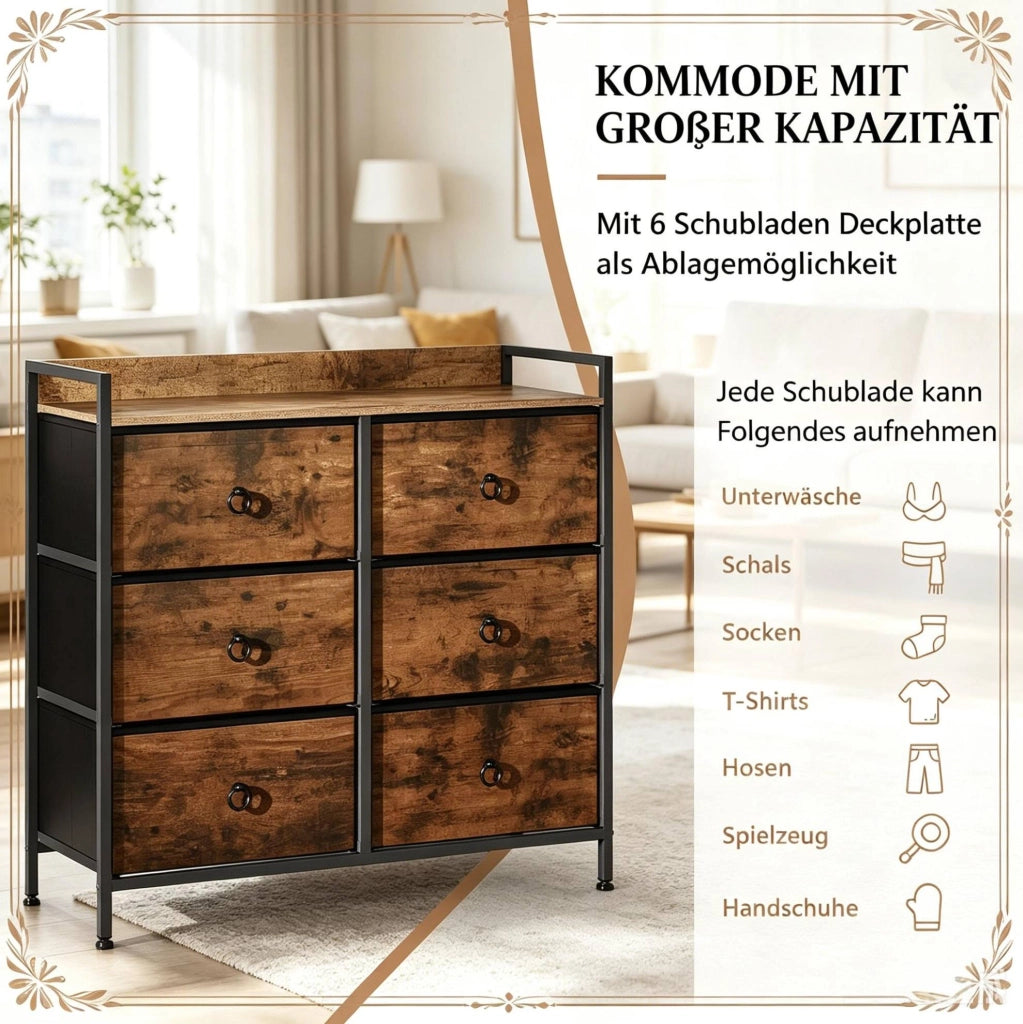 Cassettiera con 6 cassetti in tessuto; 80 x 29 x 78 cm; marrone rustico e nero