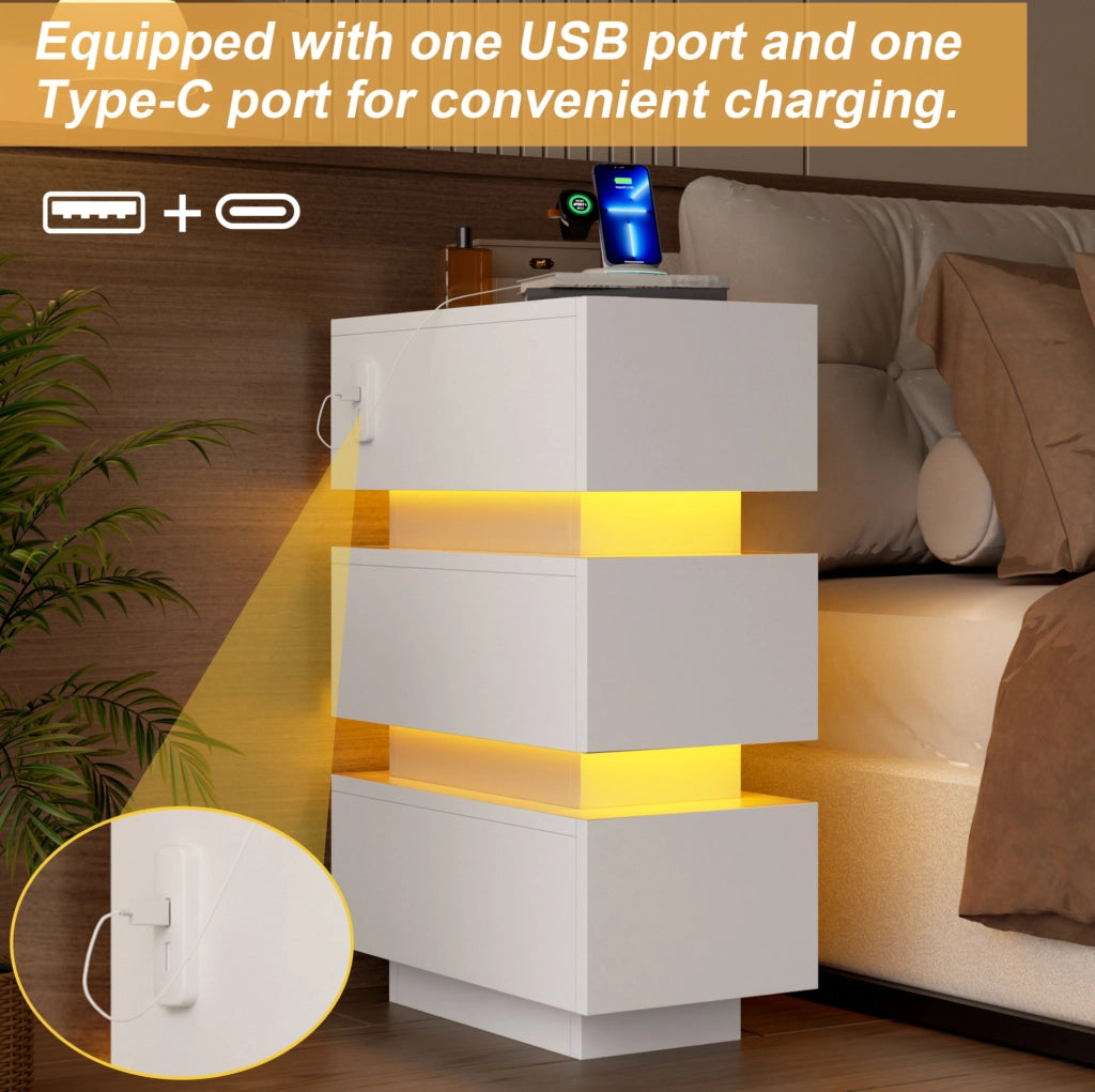 Set di 2 comodini stretti con LED; USB e Type-C; 3 cassetti; 20x40x59;5 cm; bianco