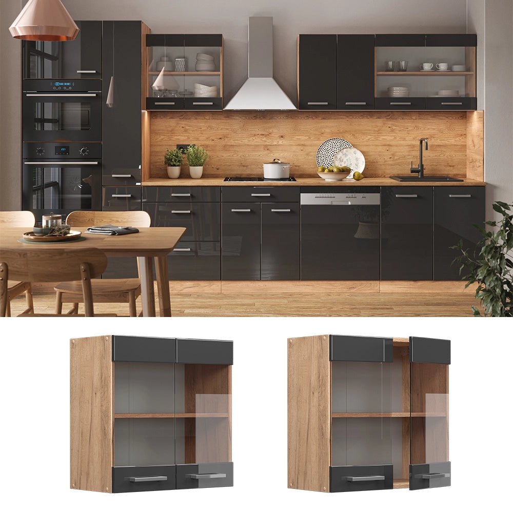Mobile da cucina in vetro R-Line Antracite lucido/Rovere dorato 60 cm Vicco