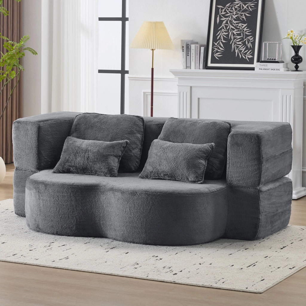 Divano letto da pavimento moderno blu e grigio con 4 cuscini, in velluto e schiuma ad alta densità