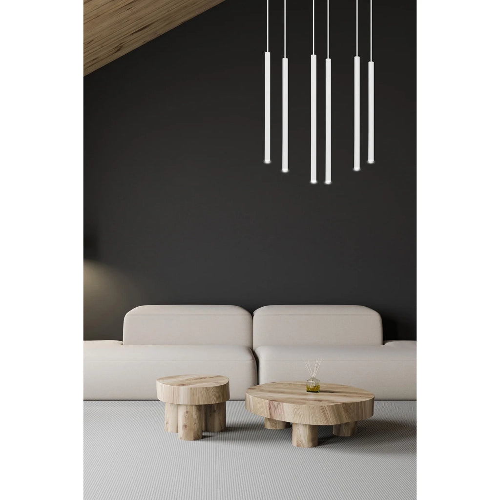 Lampadario 6 Luci Moderno Shu Acciaio Bianco E Paralumi A Cilindri Sottili