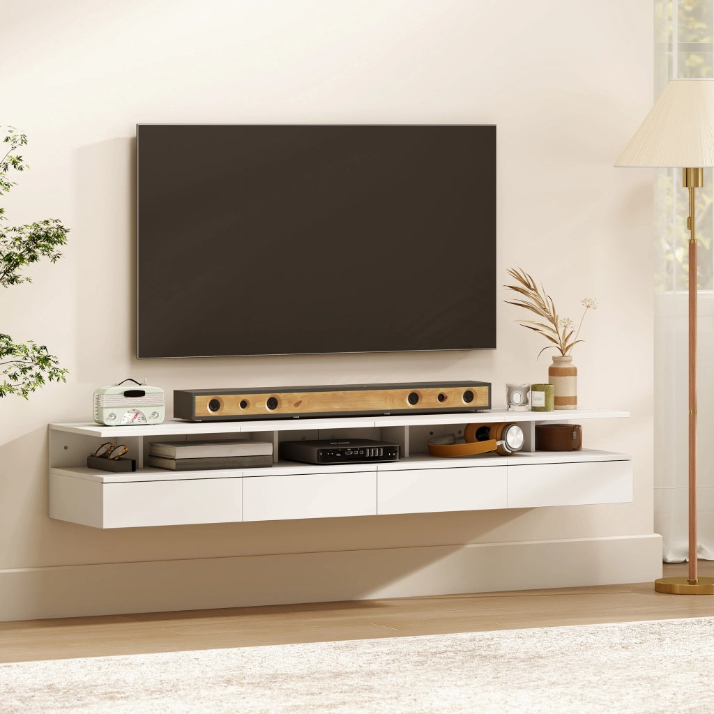 Set di 2 Comodini Sospesi 35x32x22,5 cm con Cassetto e Mensola Aperta in Legno Bianco