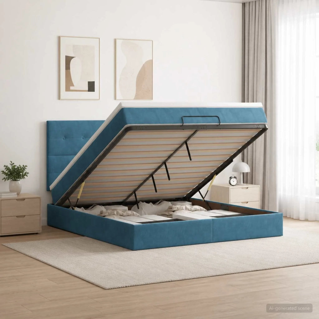 Letto Ottomano con Materasso e LED Blu scuro 140 x 190 cm 3458305