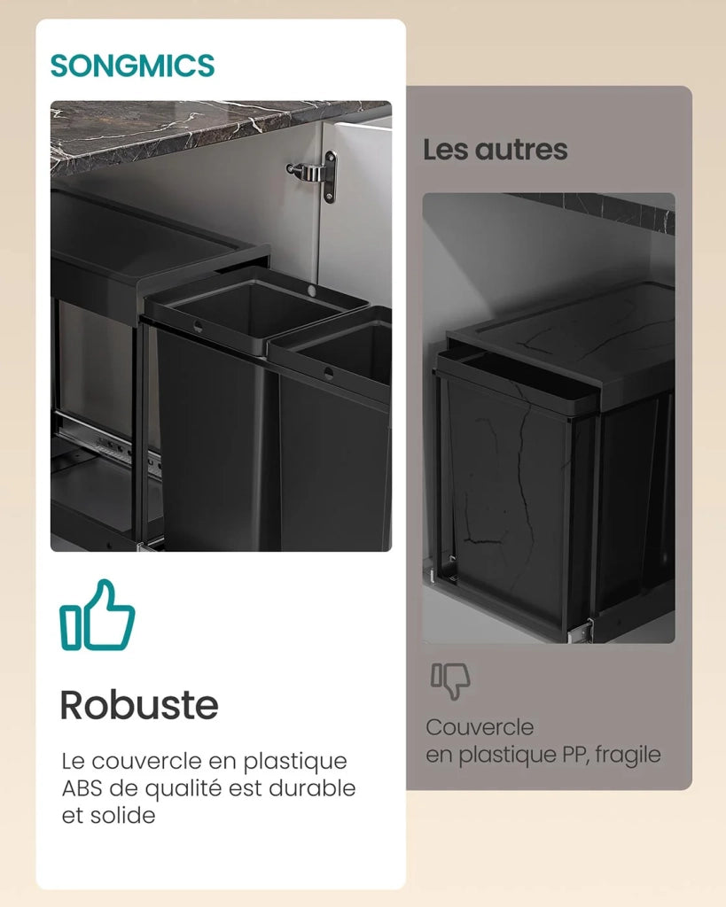 Pattumiera per la raccolta differenziata pattumiera estraibile da cucina con due secchi da 15 litri meccanismo di scorrimento fluido struttura in acciaio coperchio in ABS nero 12_0007265