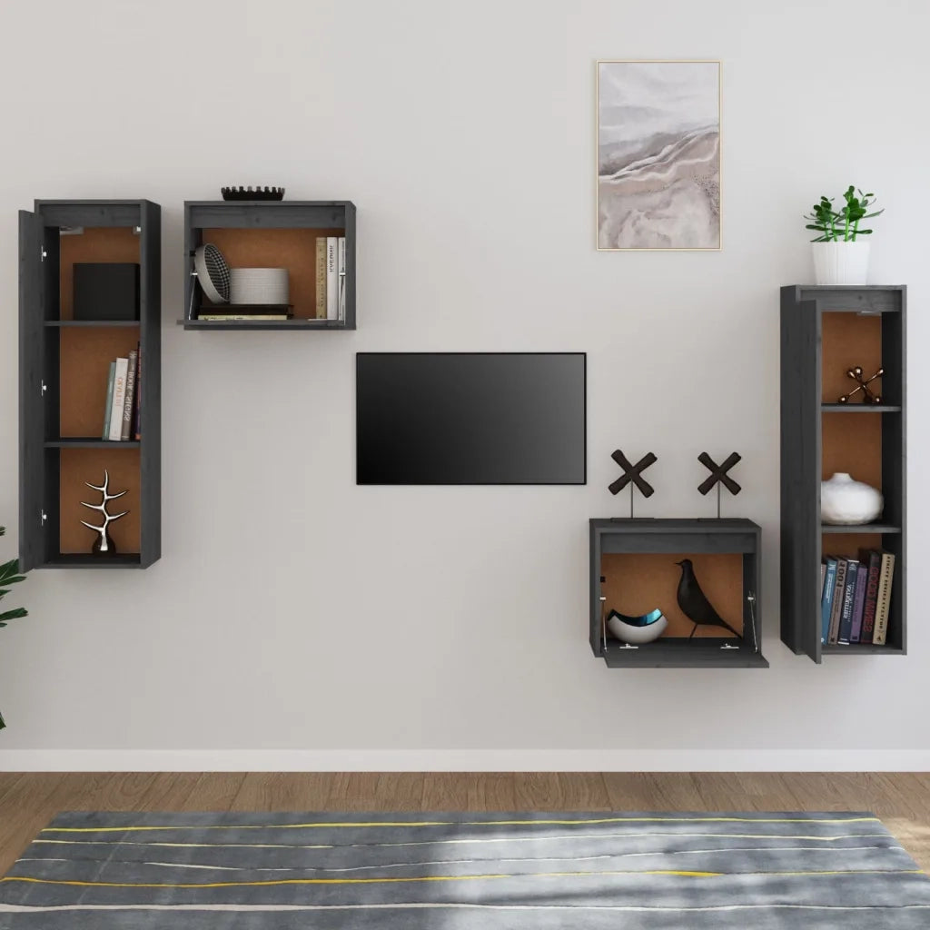 Mobili Porta TV 4 pz Grigi in Legno Massello di Pino 3100251