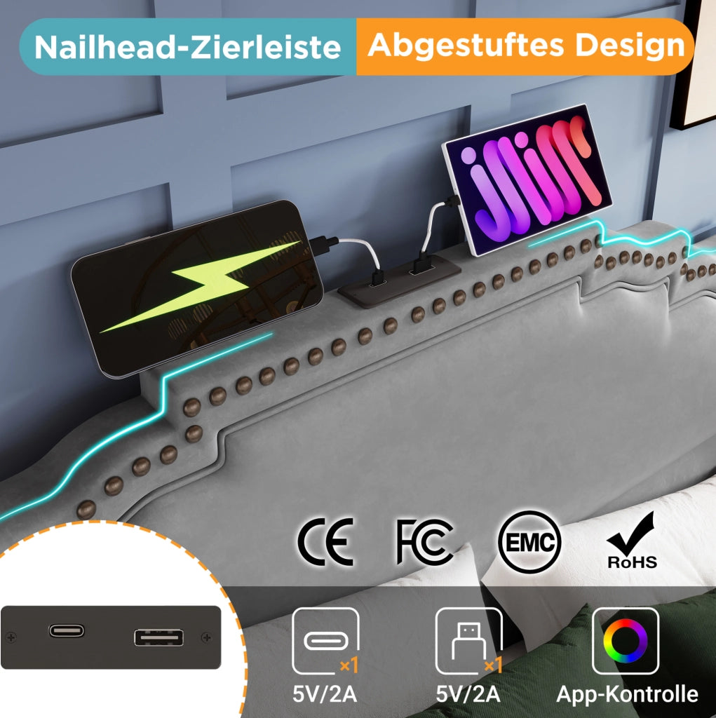 Letto matrimoniale 180x200 cm in velluto grigio con LED; USB e 4 cassetti