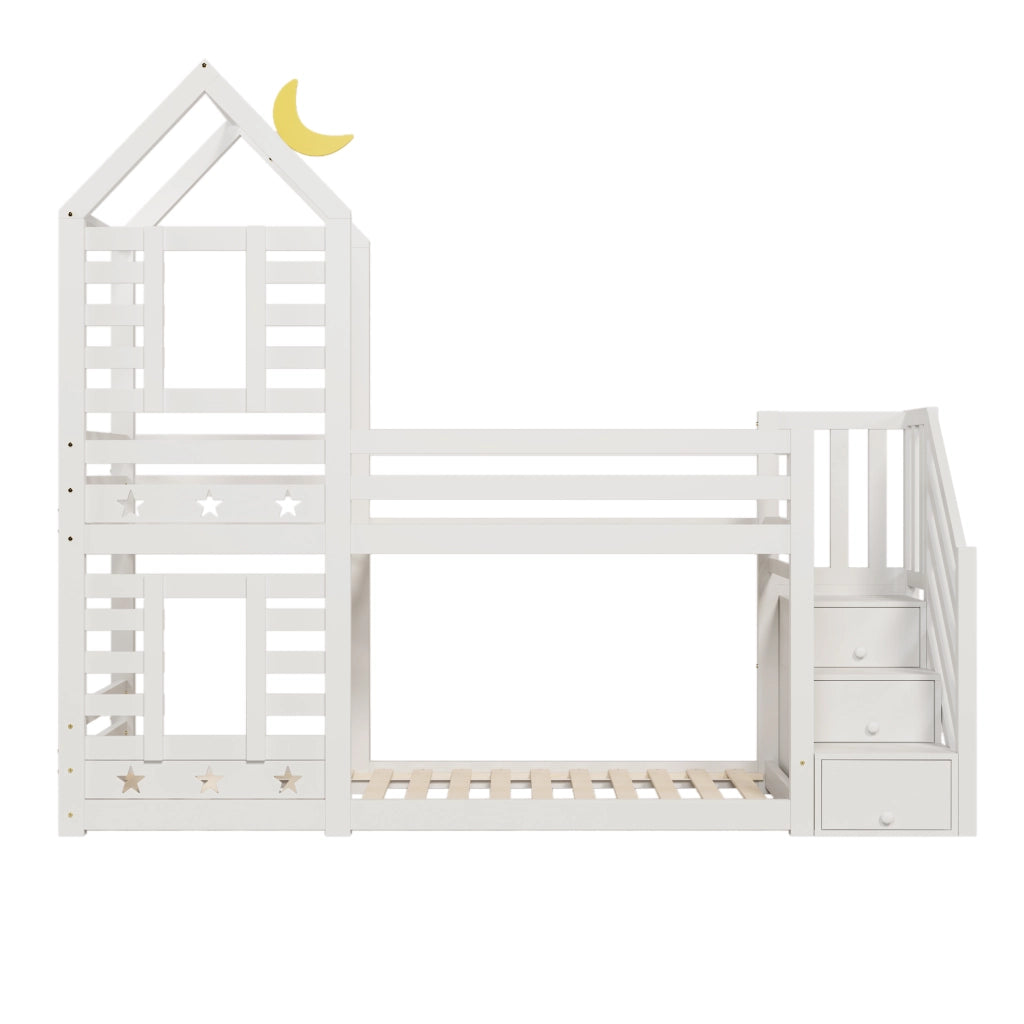 Letto a castello per bambini con cassetti e scala contenitore, 90 x 200 cm, bianco, con reti a doghe