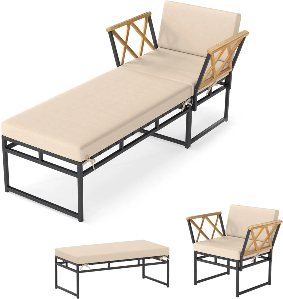Sedia a sdraio da giardino con cuscino, lettino da esterno 2 in 1, 1 poltrona + 1 panchina, carico totale 180+360 kg, bagno di sole, design ergonomico, 175 x 55 x 66 cm, per terrazza e