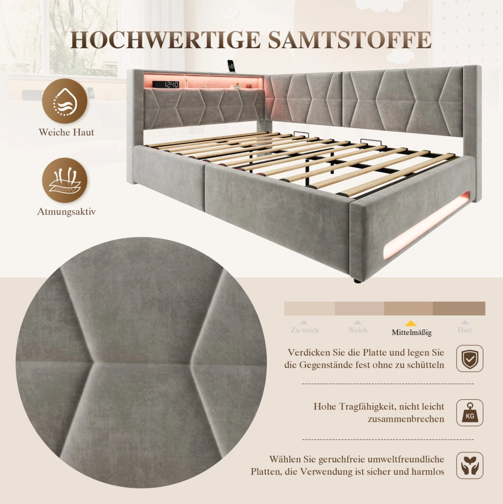 Letto imbottito 140x200 cm con contenitore, LED, USB e Type-C