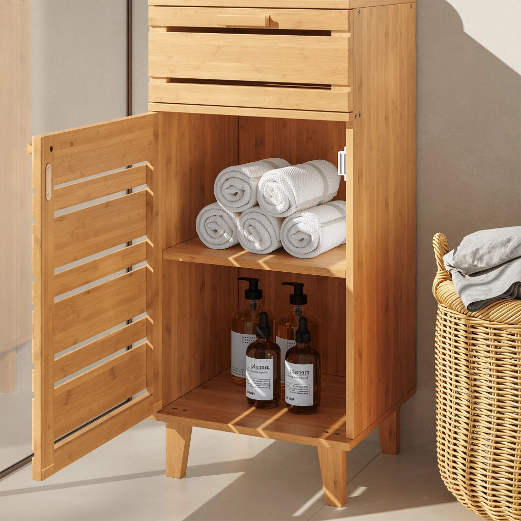 Mobiletto da Bagno Epind con Cassetto e 2 Scomparti Chiusi 75 x 33 x 30 cm - Bambù Naturale [en.casa]