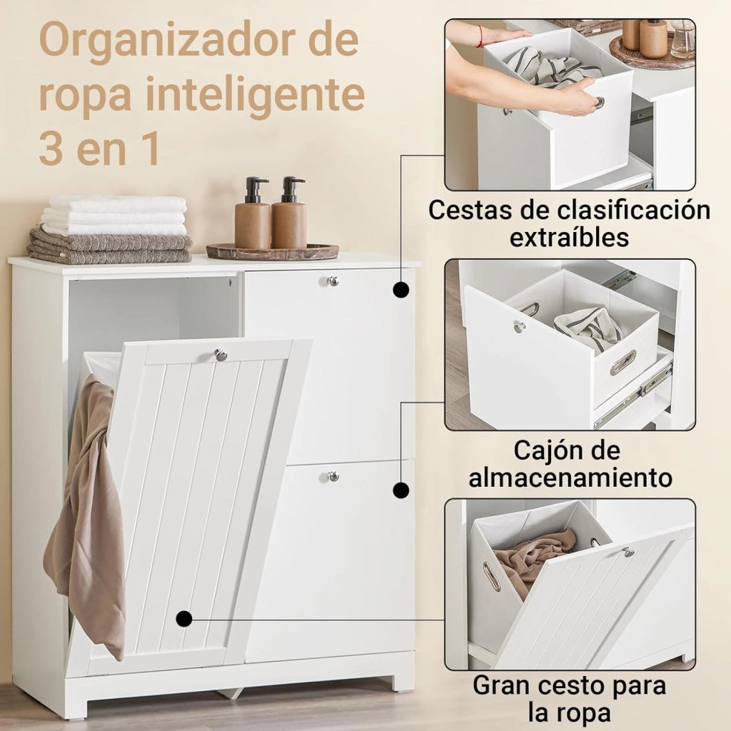 Mobile Bagno Salvaspazio Colonna Bagno Stretta 78x38x90cm con 1 Cesto Grande Integrato e 2 Cesti in Tessuto Estraibili – Armadietto Mobile Lavanderia BZR213-W