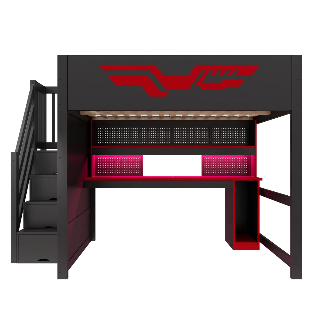 Letto a soppalco da gaming 140x200 nero e rosso con scrivania integrata e scale contenitore