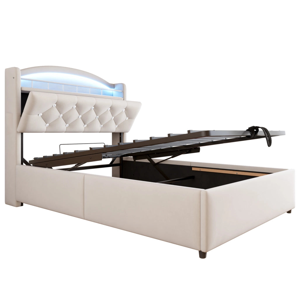 Letto imbottito 90x200 cm con contenitore; LED e USB in tessuto beige