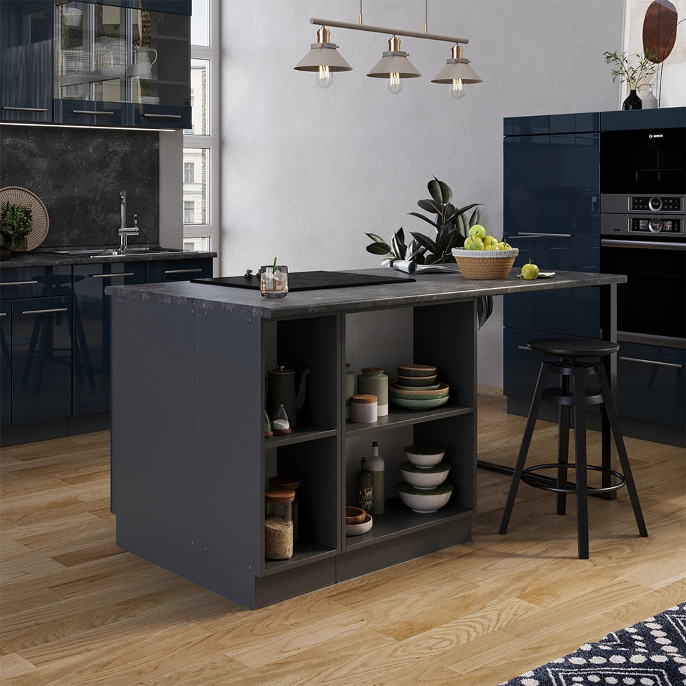 Armadi da cucina Fame-Line Blu scuro lucido/Antracite 90 cm con cassetto, senza piano di lavoro Vicco
