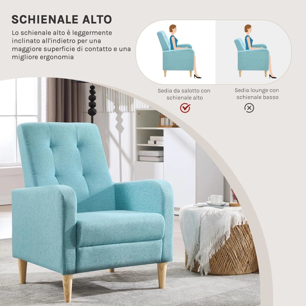 Poltrona da Salotto, Poltrona Relax con Schienale Alto, Sedia di Relax con Pieno Legno Massello Piedi, Seduta Imbottita, Rivestimento in Lino, per Salotto, Ufficio, Blu, SKS41bl