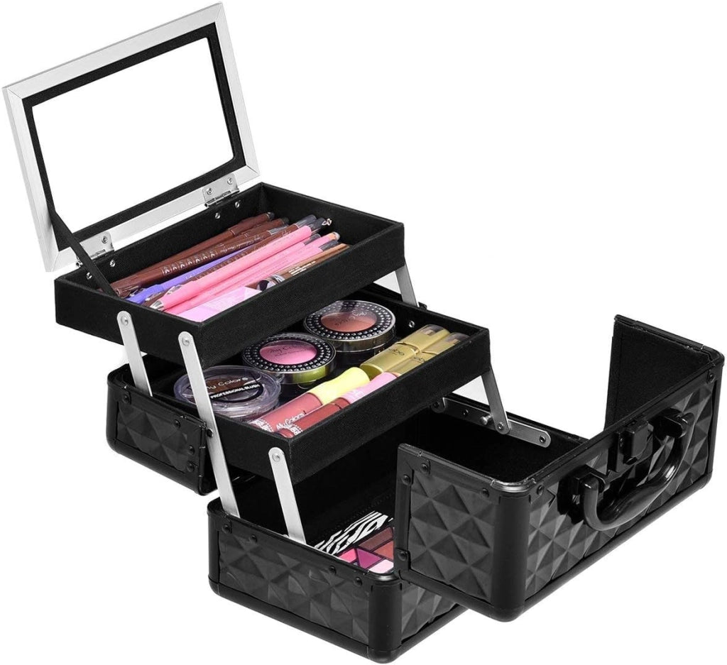 Astuccio per Cosmetici, Scatola per Trucchi, Multiuso con Specchio, Vari Colori Disponibili (Nero)