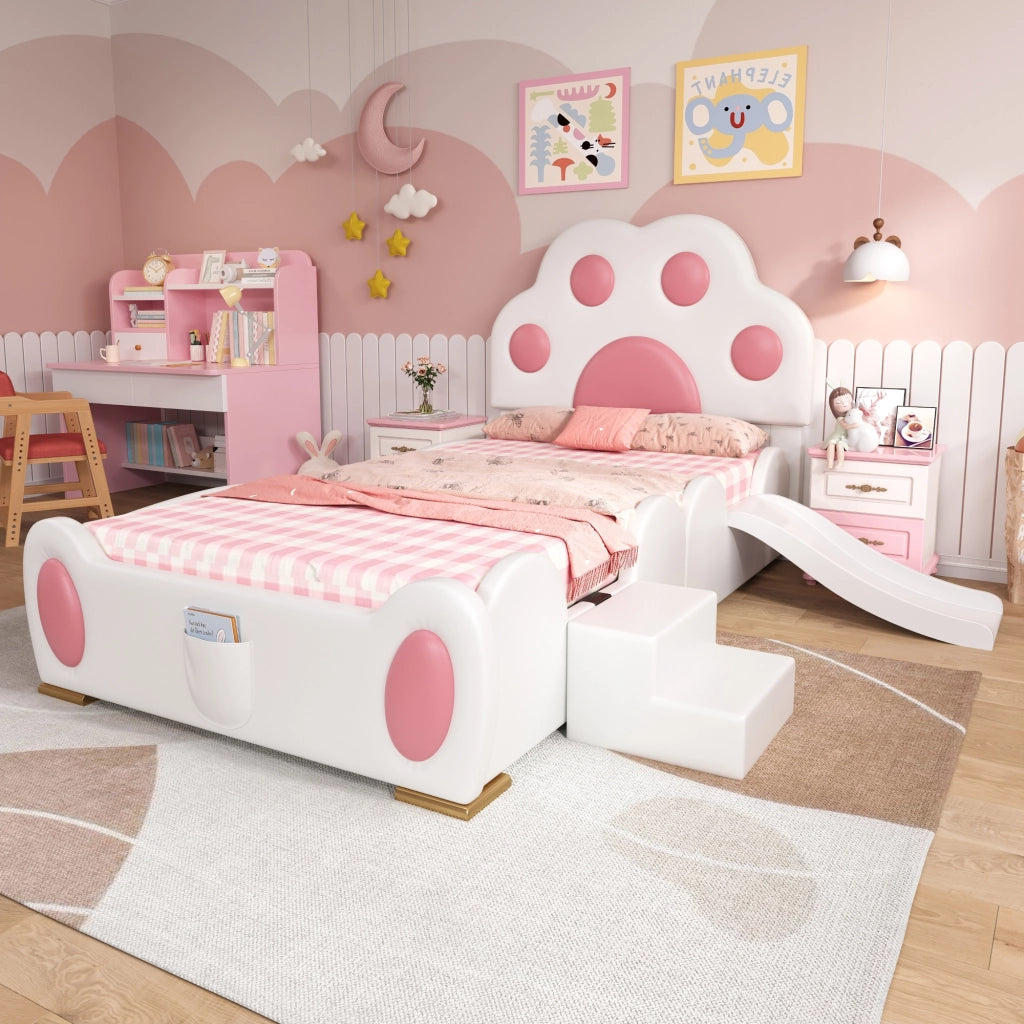 OKWISH Letto Bambini Singolo 90×200 cm con Scivolo, Scala a 2 Gradini e Tasca Portaoggetti, senza Materasso, in PU, Bianco e Rosa