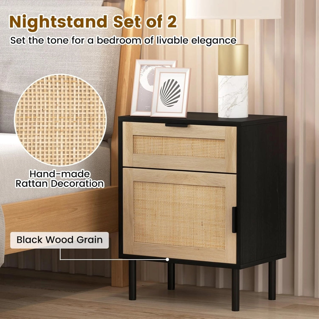 Confezione da 2 Comodini Moderni, Tavolino in Rattan con Cassetto e Armadietto, Gambe in Metallo Robusto, Tavolino di Metà Secolo per Soggiorno, Camera da Letto, Ufficio (Nero)
