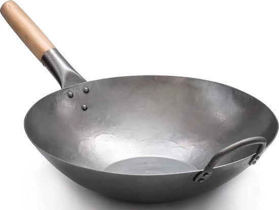 Wok a Platte Bodem in Carbon Staal - Manico in Legno e Acciaio - 355 cm di Piatto