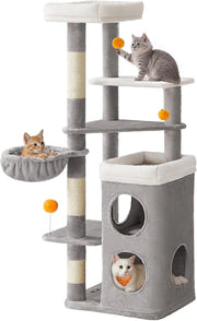 Feandrea Albero per Gatti Alto 152 cm, Tiragraffi per Gatti a Più Livelli con 2 Grotte Ampie, un’Amaca, 3 Colonne Graffiatoio, 3 Piattaforme, Grigio Tortora PCT007G01