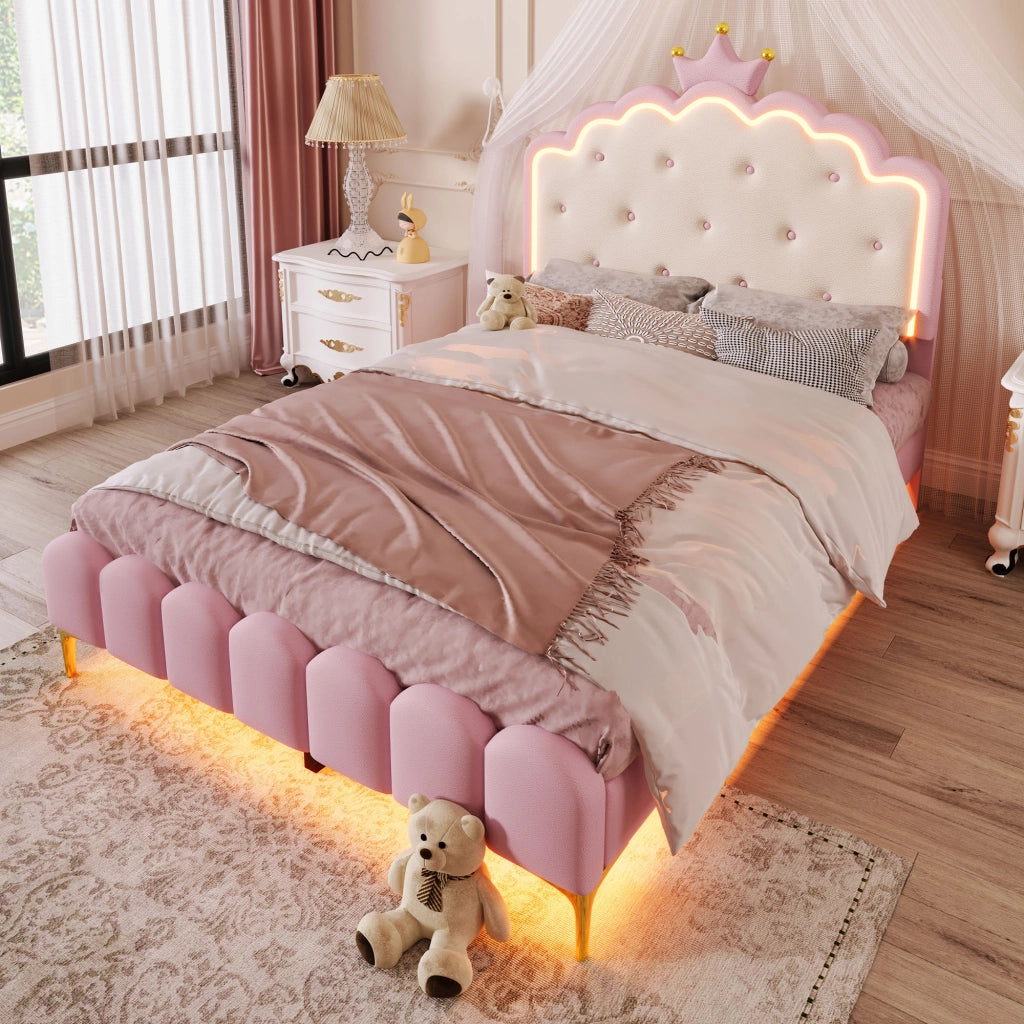 LETTO 140x200 cm in PU Rosa con illuminazione LED ambientale