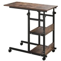 Tavolino Portaoggetti con Ruote, Regolabile in Altezza, Compatto, 2 Ripiani, Telaio in Metallo, 80x40x72-82 cm, Marrone e Nero