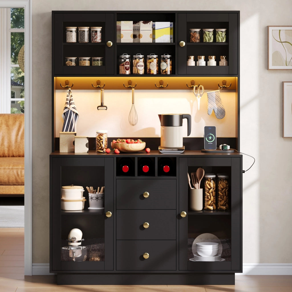 Credenza alta da cucina con LED RGB e prese; 120x40x170 cm; nera in MDF