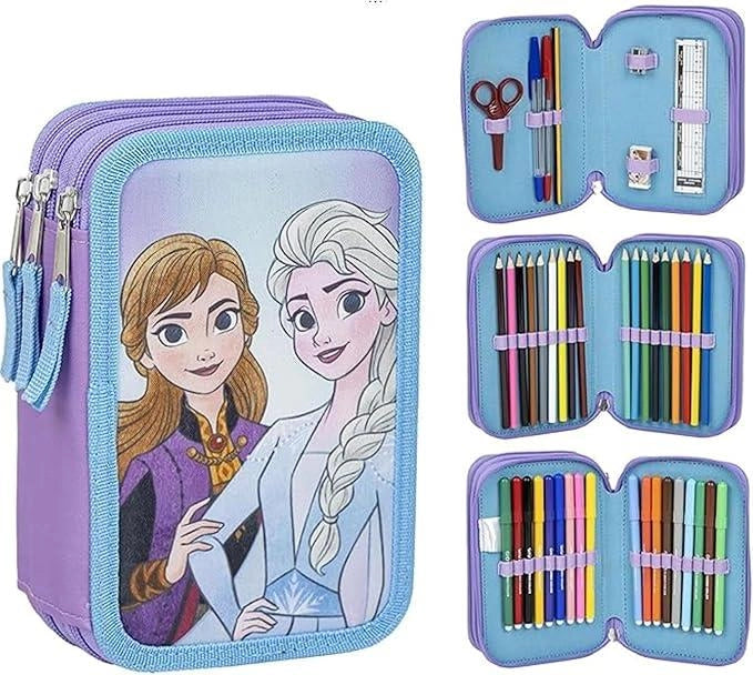 Astuccio scuola per bambini di Frozen - Colore blu - Chiusura a cerniera - 12,5 x 6,5 x 19,5 cm - Triplo scomparto - Inc