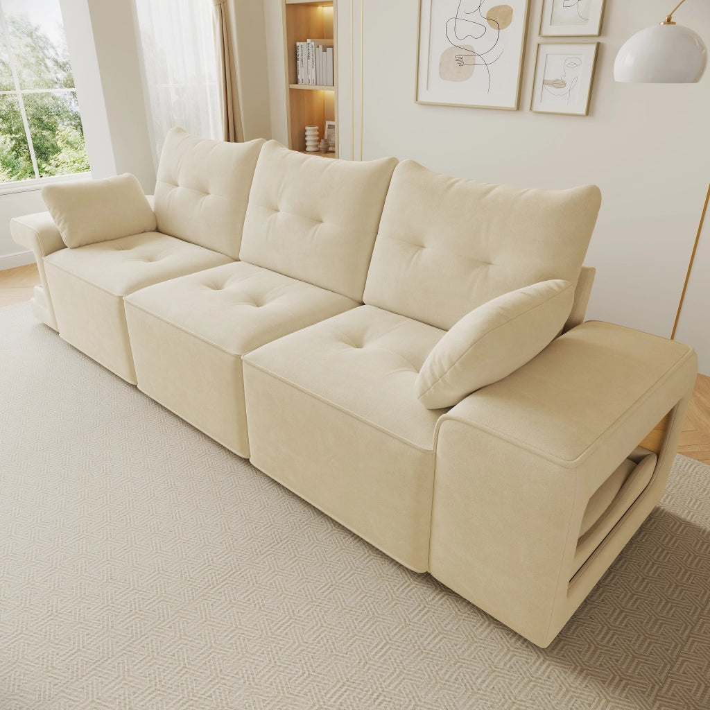 DIVANO Modulare 3 Posti 229,5x78x84 cm Velluto Beige con 2 Cuscini e Contenitore