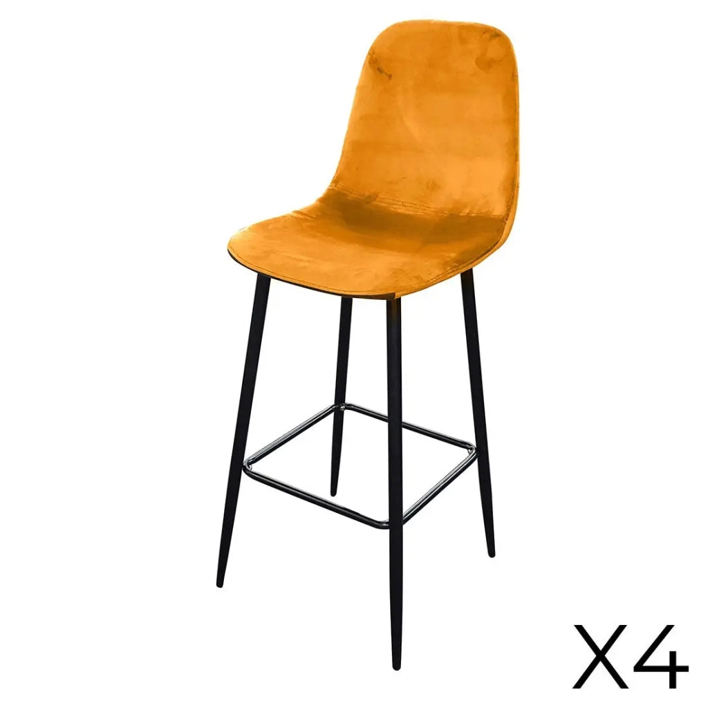 Set di 4 sgabelli LOLY, seduta e schienale in velluto giallo, struttura in metallo nero.