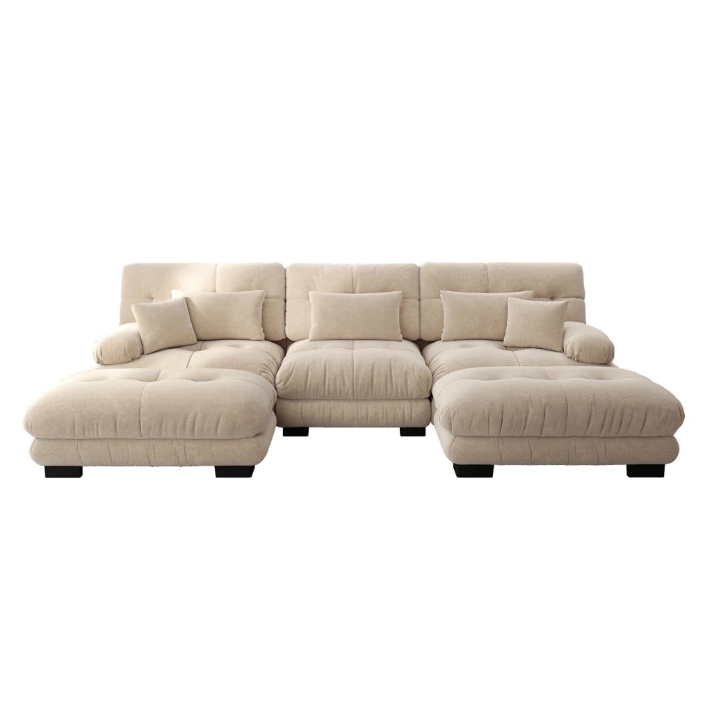 Divano modulare con ottomane mobili in chenille color caffè chiaro; seduta profonda