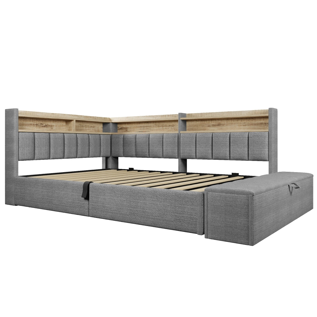 Letto contenitore 140x200 in velluto grigio con luce LED RGB e USB