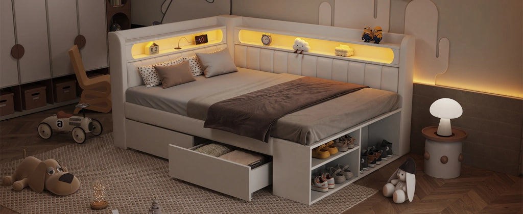 Divano letto imbottito con USB LED 7 colori armadietto portascarpe e 2 cassetti in MDF e tessuto bianco 90 × 200 cm