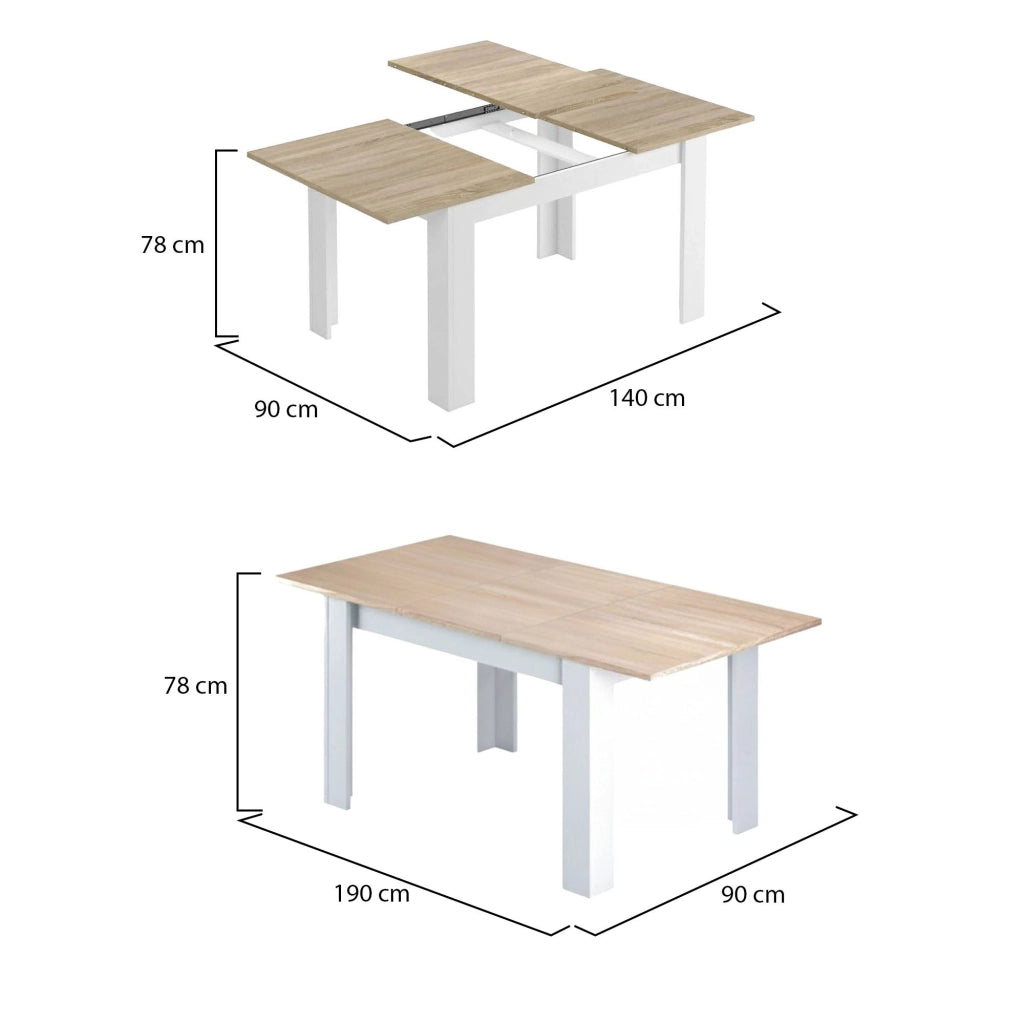 Tavolo allungabile Abudula, Tavolo per sala da pranzo allungabile, Tavolo da pranzo estensibile con allunga, cm 140/190x90h78, Rovere e Bianco