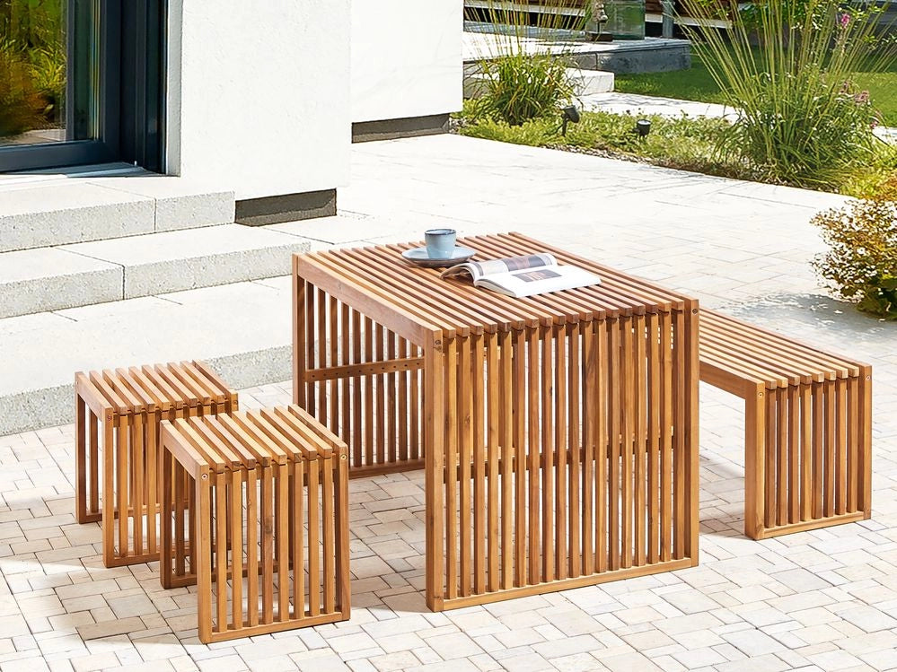 Set da pranzo da giardino 5 pezzi Tavolo rettangolare in legno massiccio di acacia Panca 2 sgabelli Design rustico per interni esterni