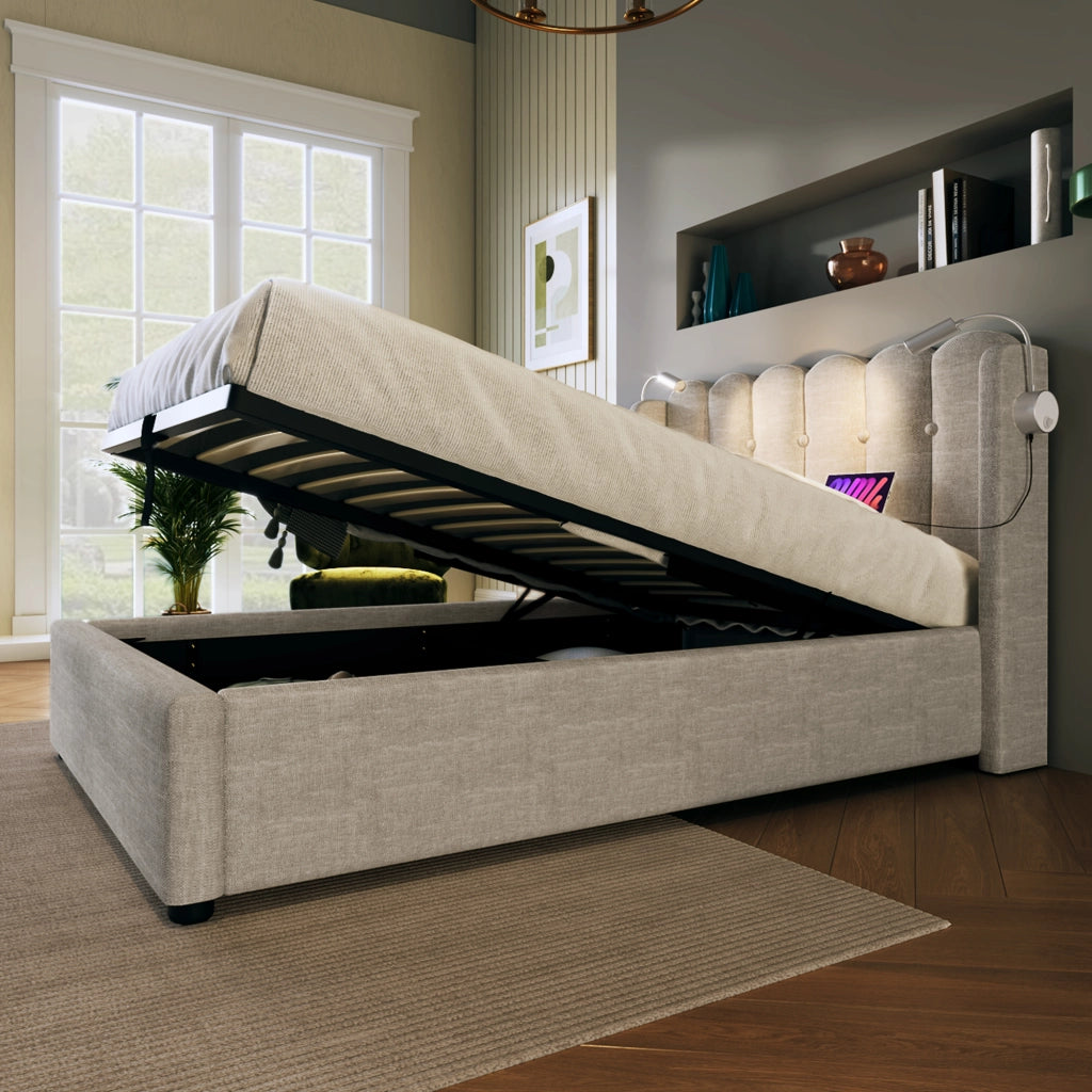 OKWISH Letto contenitore 90×200 cm, Letto Singolo con Testiera, Lampada da Lettura e USB, senza Materasso, in Lino, Naturale
