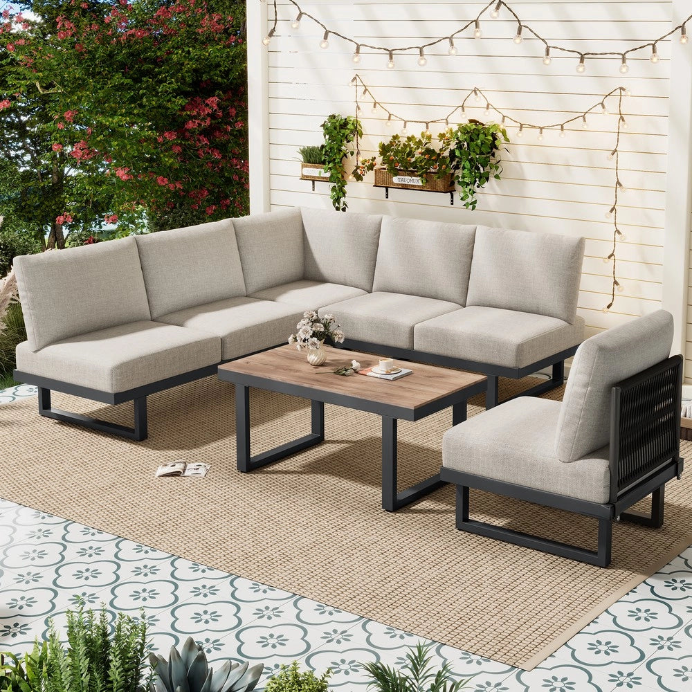Set da giardino angolare - Zephmum - Trasformabile in lettino, acciaio zincato, colore grigio-beige