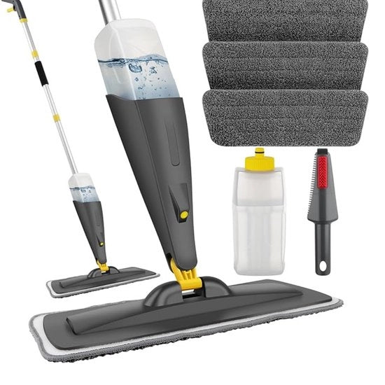 Sistema di pulizia per pavimenti - Funzione spruzzo - Asciugamano per pavimenti multifunzione - Microfibra - Cappuccio 2 in 1 - Grigio + Giallo - 550 ml