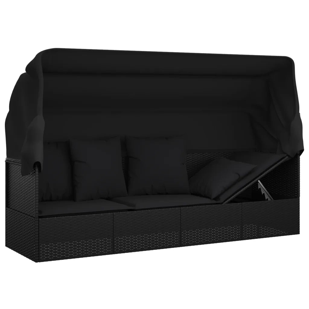Lettino Prendisole Esterno con Tetto e Cuscini Nero Polyrattan 319569