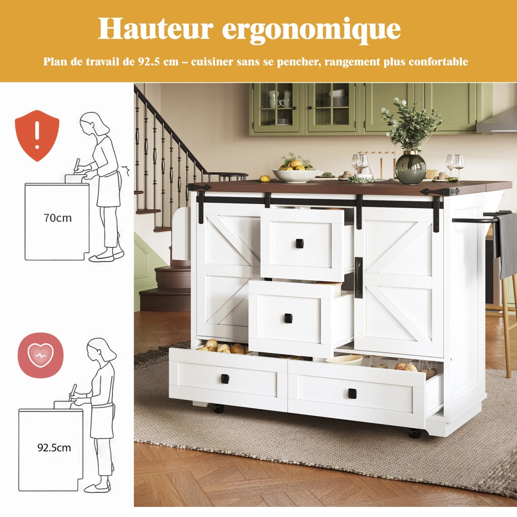 Carrello da Cucina con 2 Ante Scorrevoli e Piano Ribaltabile; per Cucina; in MDF; Bianco