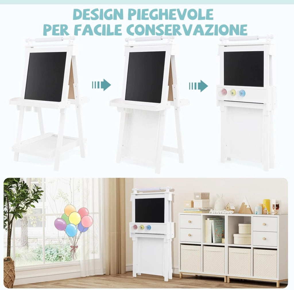 Lavagna per Bambini 3 in 1, Lavagna Magnetica con Lavagna Bifacciale, Rotolo di Carta, Vassoi Portaoggetti e 3 Bicchieri per Pittura, Cavalletto in Legno per Bambini 3+ Anni (Bianco)