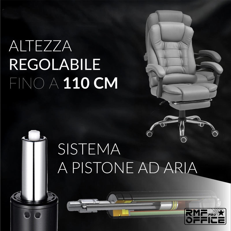 RMF Sedia Ufficio Ergonomica Professionale Reclinabile, Sedia Scrivania Seduta Comoda e Rilassante con Poggiapiedi - Poltrona Relax con Ruote Girevoli Altezza Regolabile Grigio