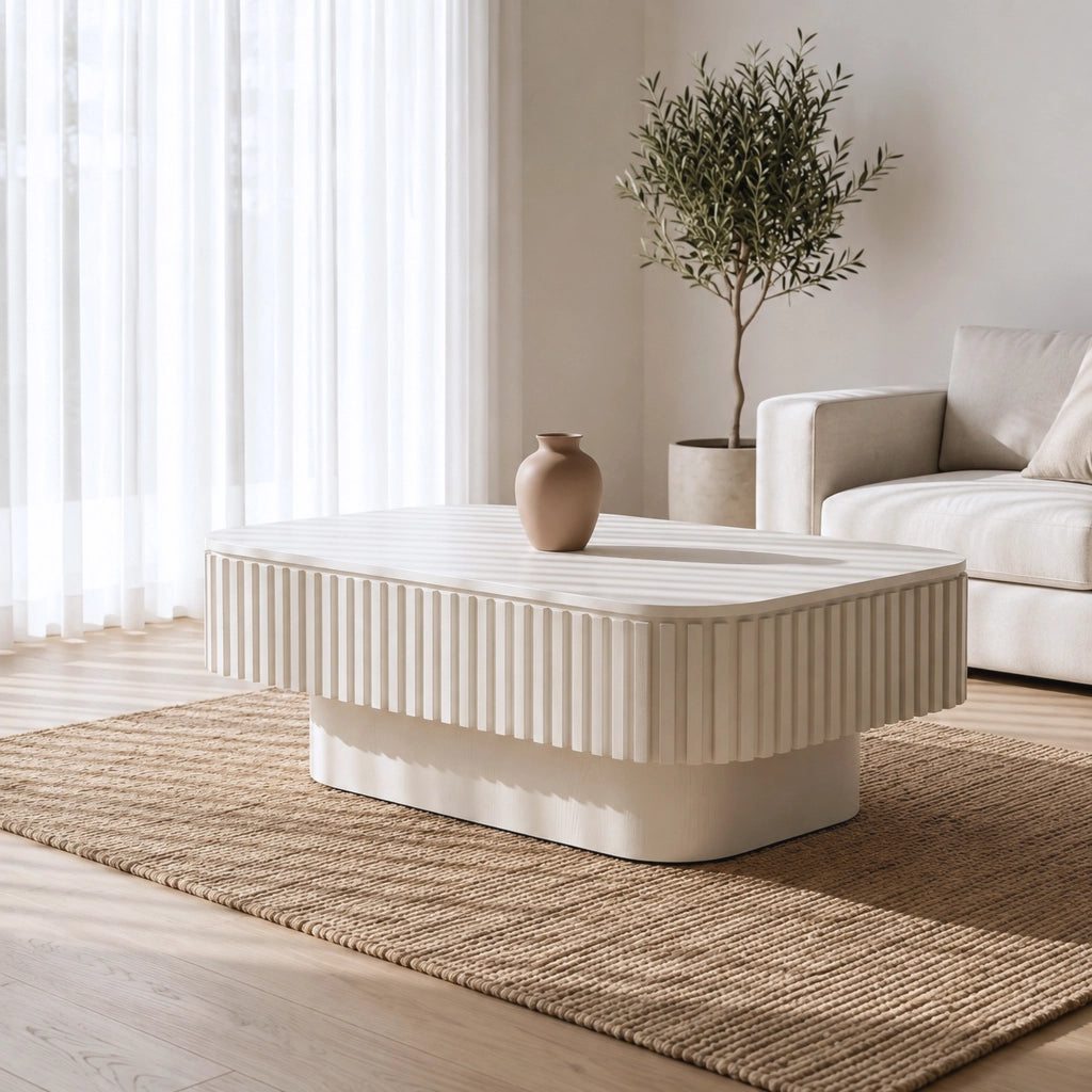 Tavolino basso con contenitore a ribalta e pannelli scanalati in MDF e legno, per soggiorno, crema