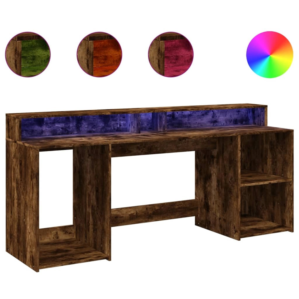 Scrivania da ufficio postazione di lavoro mobile per computer scrivania da studio con luci a LED rovere affumicato 200 x 55 x 91 cm legno ingegnerizzato marrone 02_0023788
