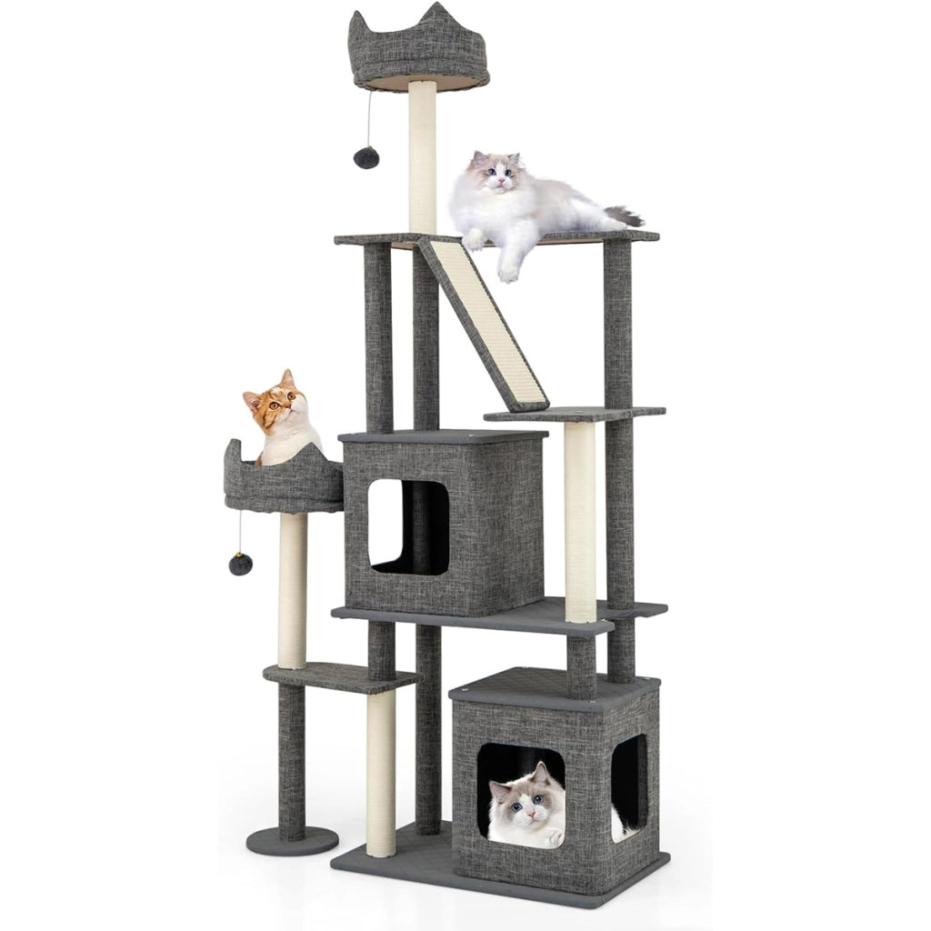 180 cm albero per gatti con torre multi-livello e posti per grattare, Mobili con 2 condomini rimovibili e palle pendenti-Alberi Tiragraffi