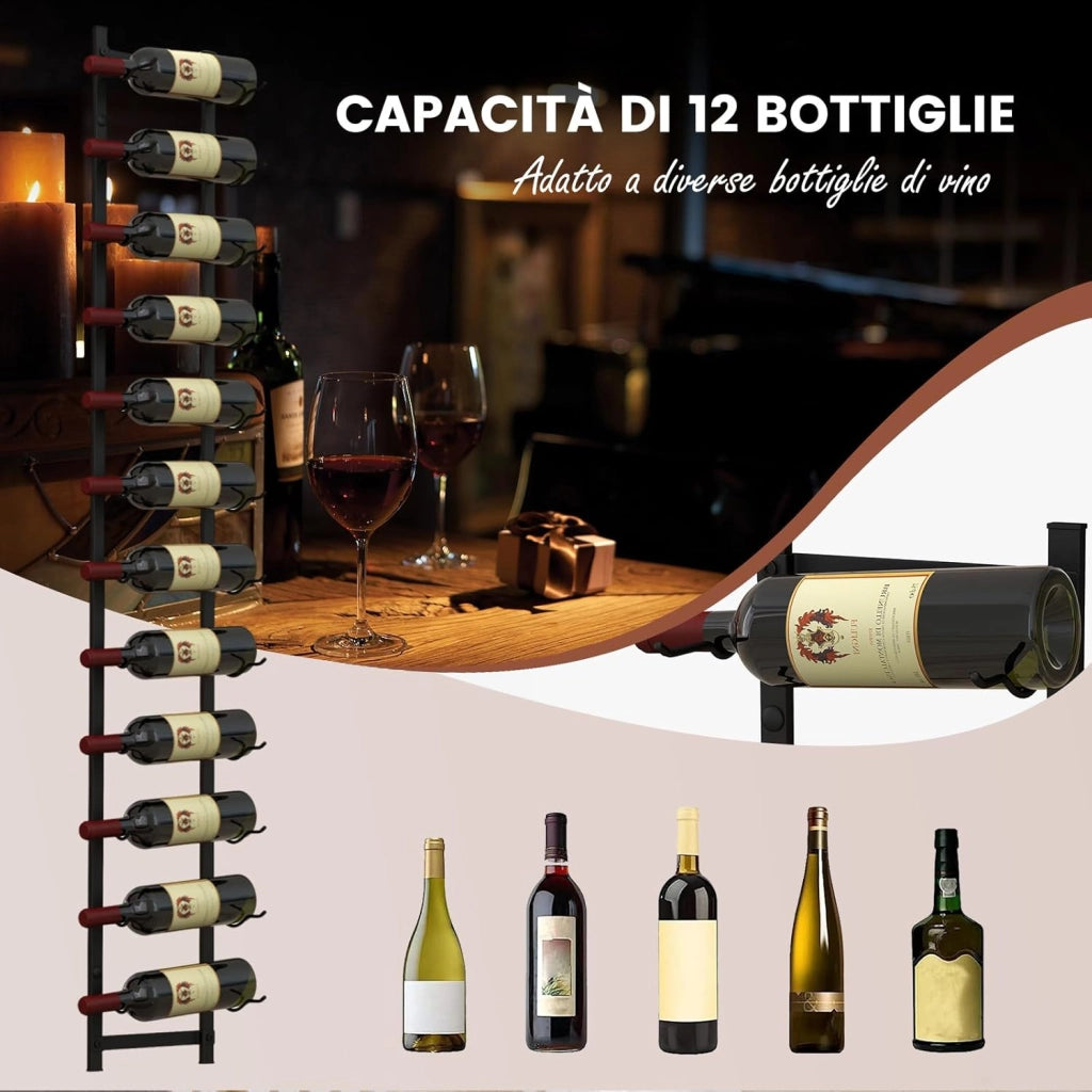 Portabottiglie Vino da Parete, Cantinetta Vino da Parete, Porta Bottiglie di Vino da Parete in Metallo per Cucina, Sala da Pranzo, Cantina, Bar, per 12 Bottiglie