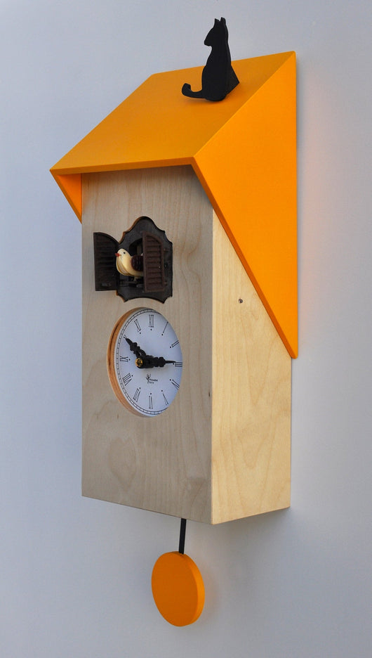 Orologio a Cucù da Parete 17x37x12 cm con Gatto Pirondini Italia Vicenza Naturale e Giallo