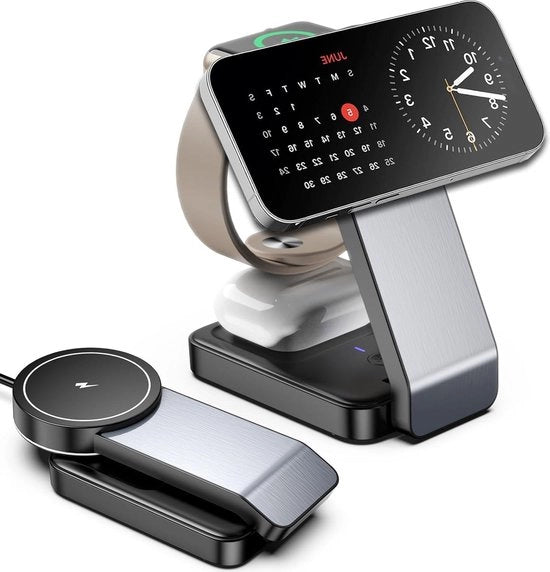Caricabatteria Induttivo Magnetico 3-in-1 per iPhone 15/14/13 Pro Max - Caricatore Senza Fili per iWatch 9 Ultra 8 - Airpods Pro 3/2 con Luce